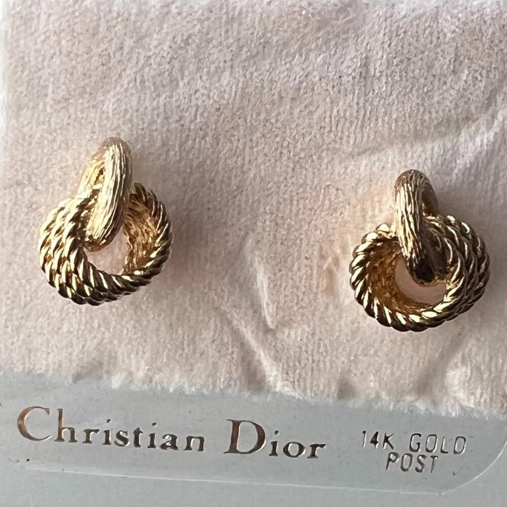 Vintage Christian Dior NWT Door Knocker Stud Earrings, 14K Gold Post Rope Knot